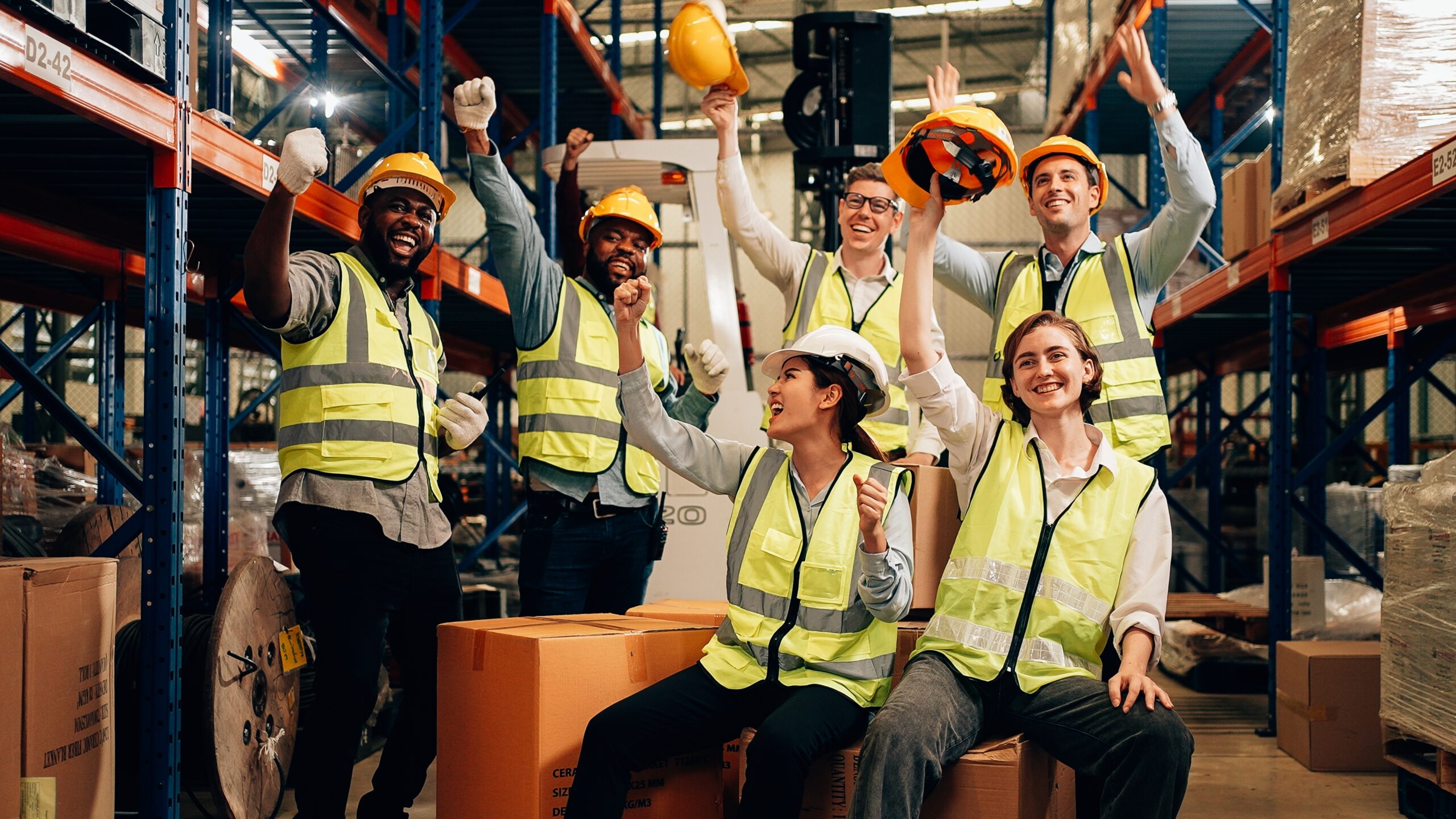 women and men in hardhats cheering