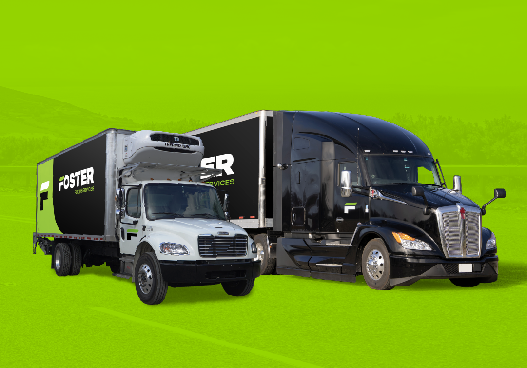 2 foster food services trucks on green background